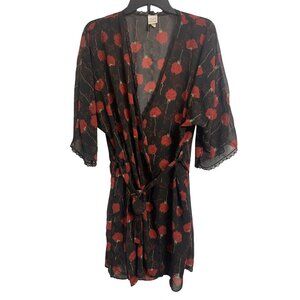 Vintage Gilligan & O'Malley Black Red Floral Wrap Robe Slip Dress Lace Trim Belt